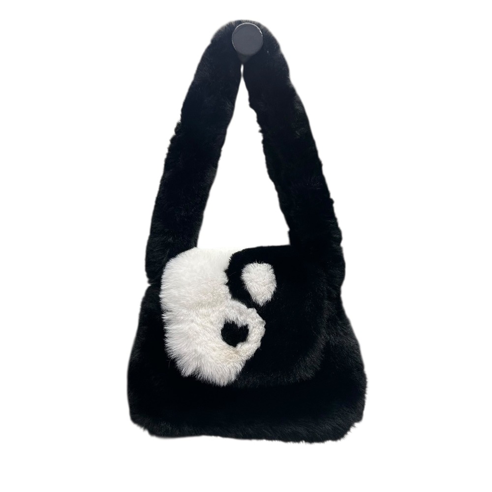 Faux Fur Yin Yang Shoulder Bag Plush Black White Snap‎ Closure Trendy Y2K